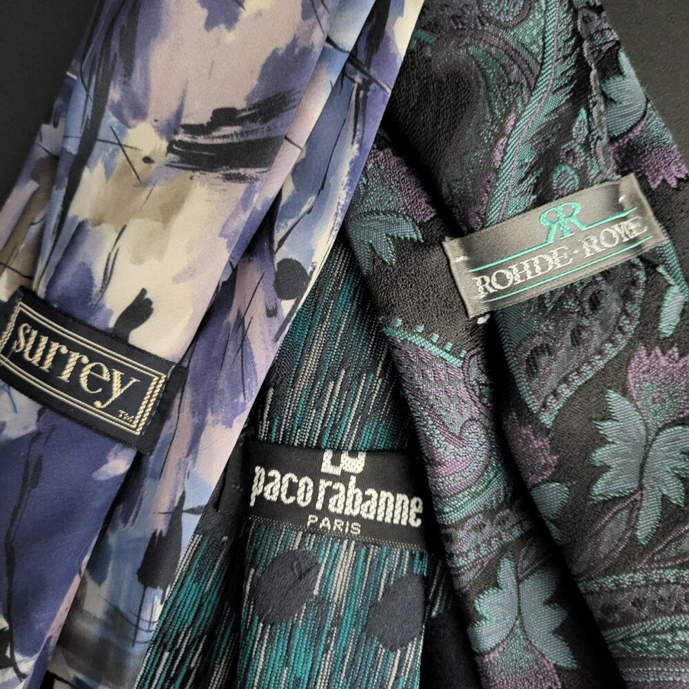 LOT OF 7~MENS TIES~PACO RABANNE PARIS~JONES NEW YORK~DAMON~BLACK BLUE PURPLE - Picture 15 of 15